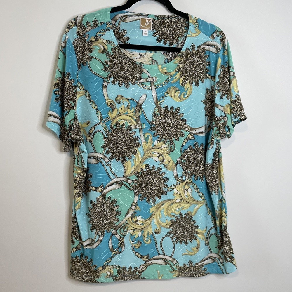 JM Collection 2X Turquoise Paisley Baroque Print Short Sleeve Stretch Top